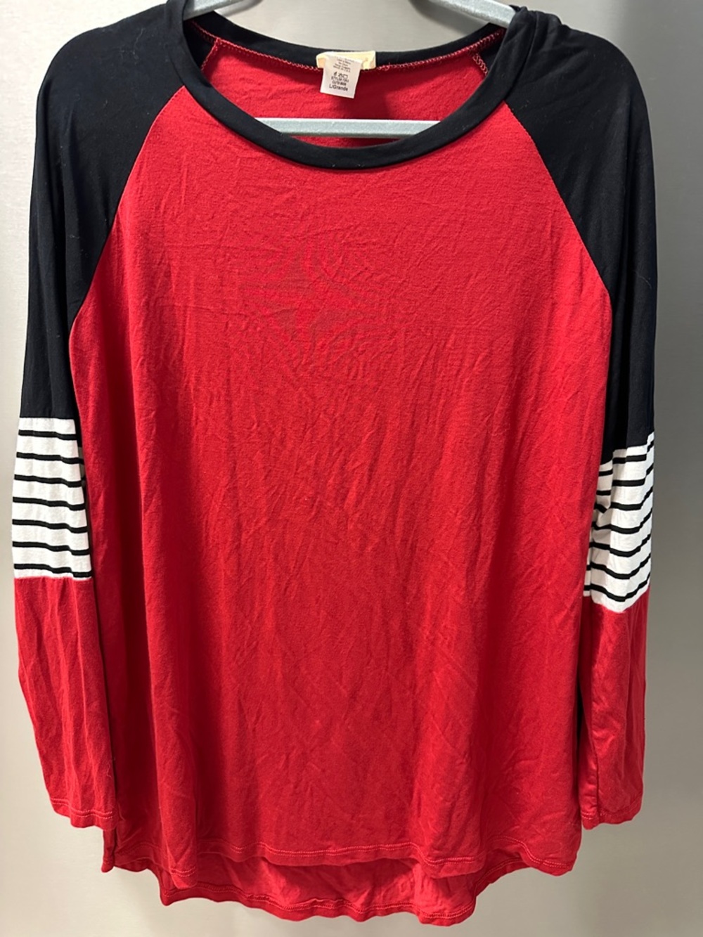 Lovely Melody Red and Black Long Sleeve Raglan Tee with Striped Sleeve Accents